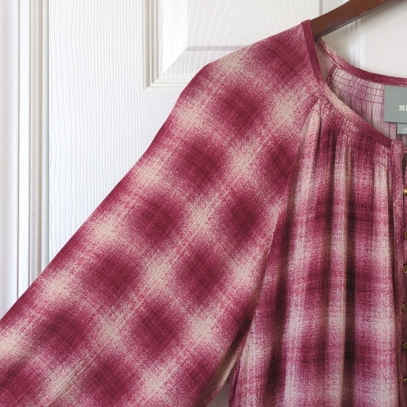 Maeve Calavan Plaid Oversized Three Quarter Sleeve Button Up Peplum Blouse Pink - Picture 7 of 15